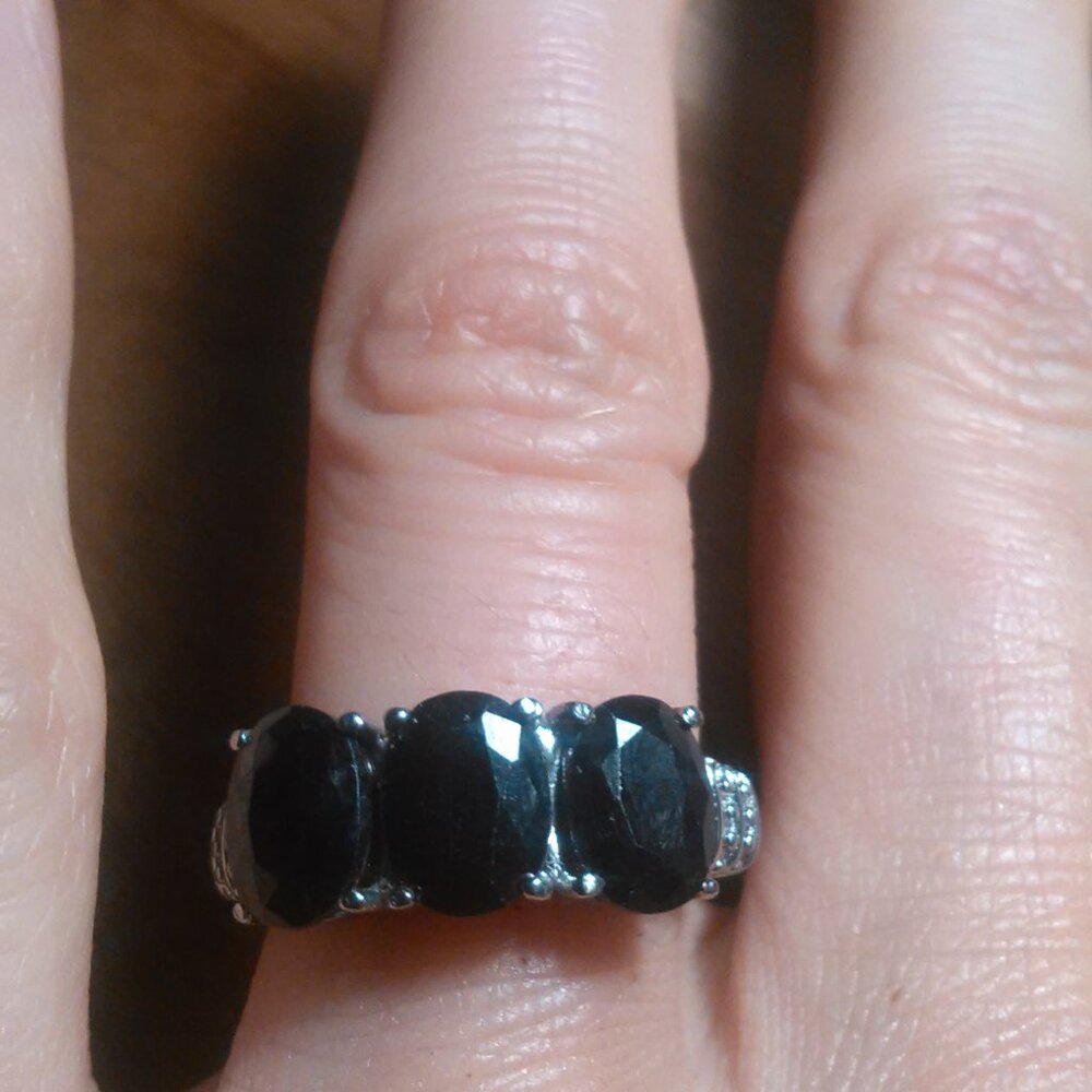 Midnight Sapphire Three Stone Stainless Steel Ring (Size 7) - Picture 8 of 14
